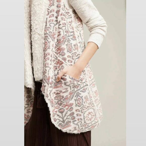 Anthropologie Sherpa Faux Fur Collar Tapestry Long Vest - Picture 6 of 11